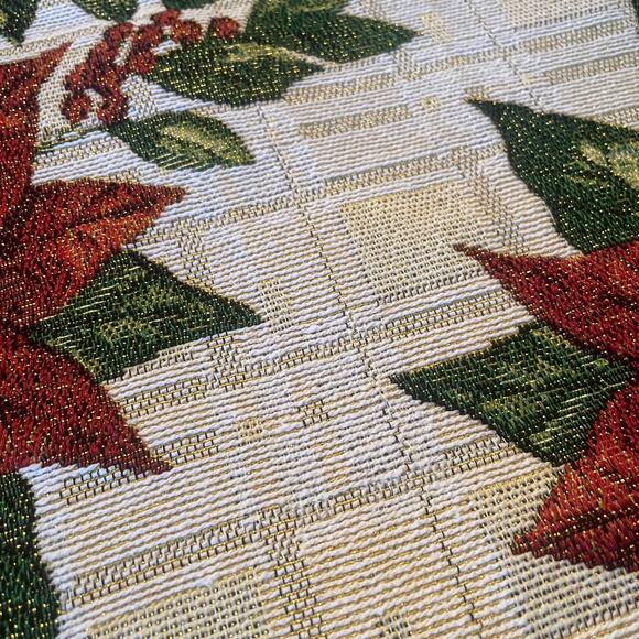 Christmas Poinsettia Metallic Plaid Tapestry Table Runner 13x70 Cream Red NWT - Picture 5 of 9